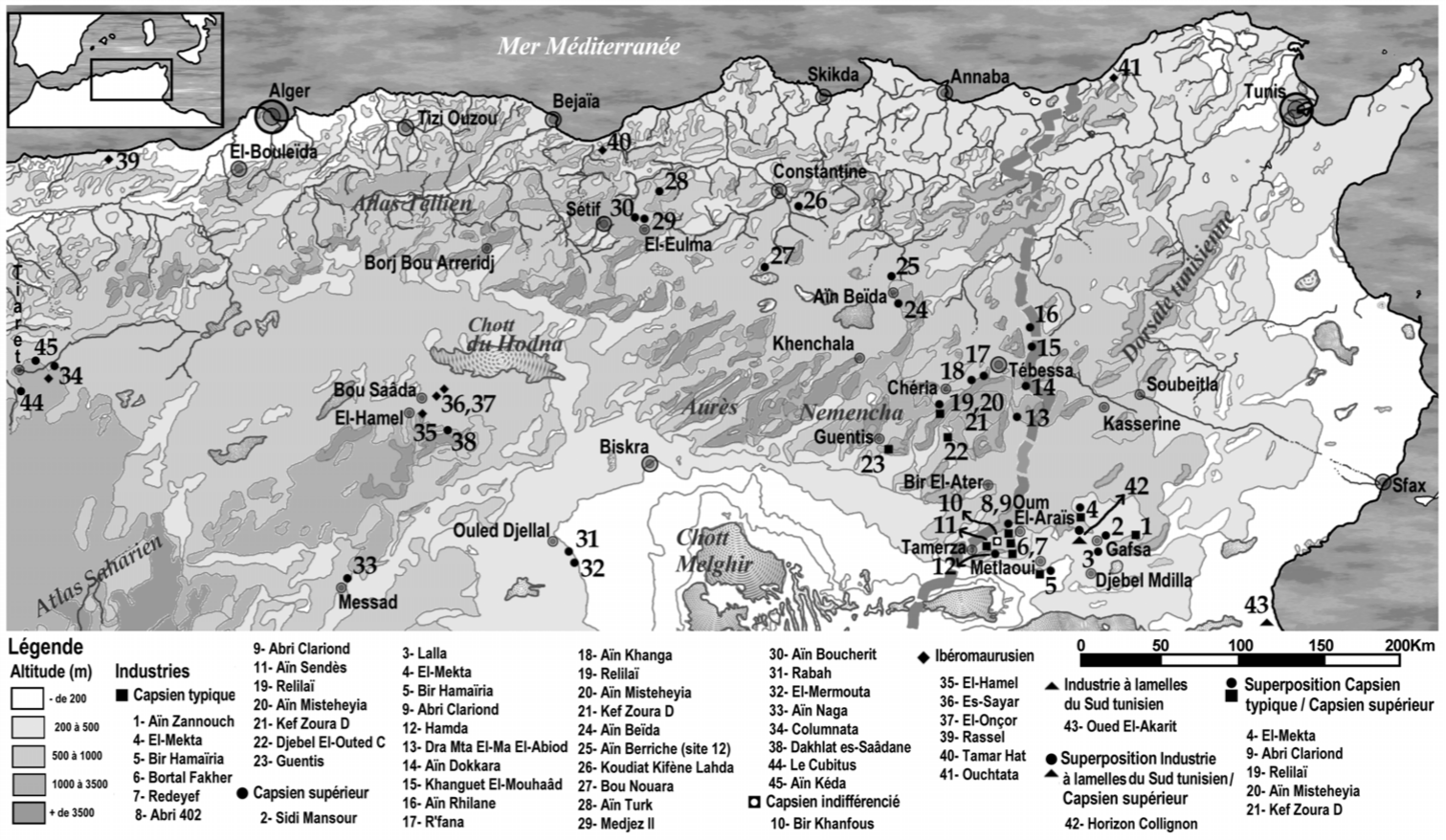 خريطة توضيحية لانتشار أهم المواقع الإيبرومغربية والقفصية
